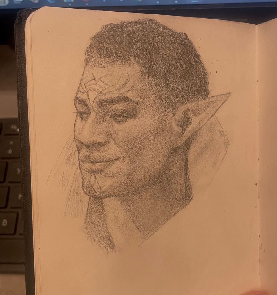 Traditional pencil drawing of Davrin from Dragon Age the Veilguard. He is an elf with dark vallaslin and pointed ears. He is smiling off to the left. 