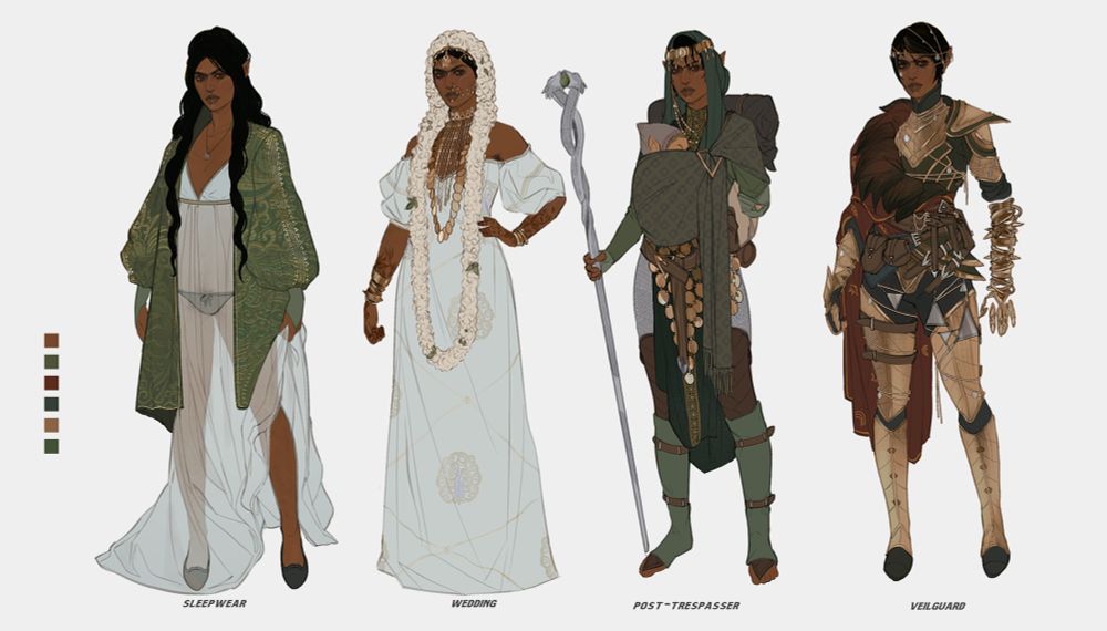 Continued from the first post - Asma here is wearing light whites and dark patterned fabrics. In her last outfits she is holding a baby in a chest harness and lastly in armor with Cullen Rutherford’s mantle tied around her waist and shoulder. 