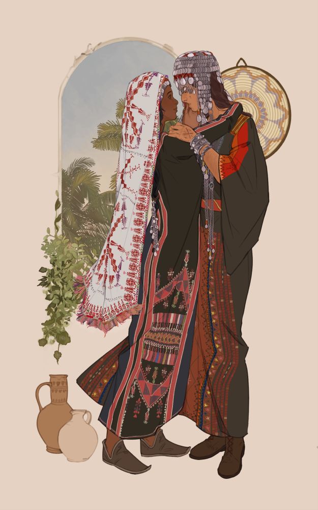 Digital art Illustration of two women in a tender embrace in front of a arched window. Both women are Palestinian and wearing elaborately decorated traditional thobes. The woman to the left has a deeper skin tone and a tender smile. Her braided black hair is decorated with silver ornaments towards the bottom. 

The woman to the right is wearing a heavy coin headdress that has chains leading down to her waist. Her face has subtle tattoos that match those on her hand. 

In the arched window behind them there are palm trees in the distance and foliage that coveres the bottom of the window.