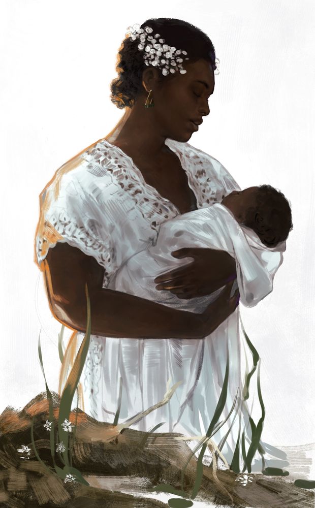 Illustration of Annie from sinners holding her baby in a embroidered white dress. She is standing in a lake near plants and tree branches. She is looking down at her baby happily with her mouth open, as if humming or singing a song to her. 
