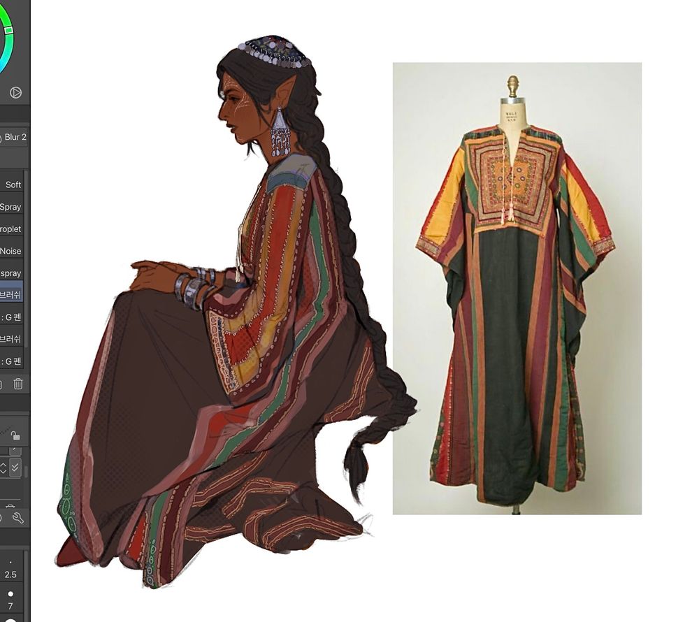 Sketch of Asma Lavellan in a traditional Bethlehem style wedding dress (thobe). She is in a sitting profile position and has her hands clasped on her lap. The thobe has an embroidered chest panel and long colored strips of fabric that reach the bottom of the gown. She is wearing traditional silver jewelry and a embroidered cap on her head. She has long dark braided hair and warm brown skin. On her face is vallaslin, the traditional tattooing of dalish people from dragon age. 
