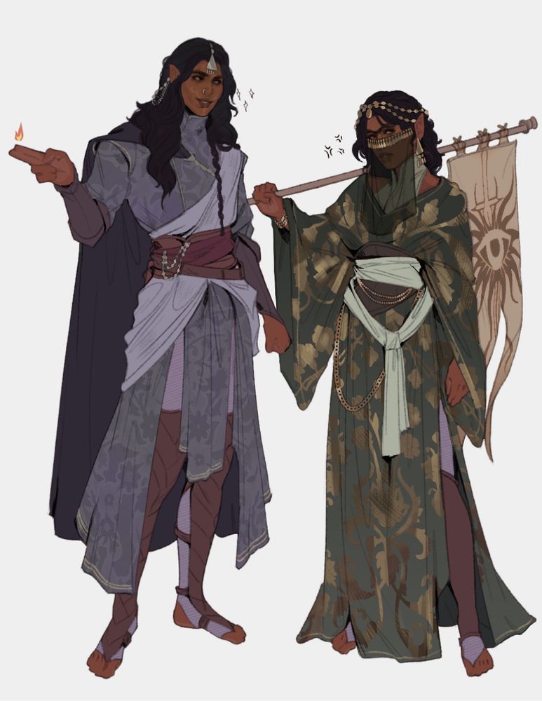 Twin siblings Ashura and Asma Lavellan standing against a white background. They both have the same warm brown skin color and dark colored long wavy hair. 

Ashura stands to the left in a cocky manner with two fingers outstretched to create a small flame. He’s wearing a patterned blue coat and a dark blue cape pinned at the shoulder. He’s wearing smaller silver jewelry on his face including a nose ring, ear cuff, and headpiece styled off of Emirati jewelry. 

Asma is standing to his right at a smaller height. She’s holding a small flag over her shoulder with the Dragon Age Inquisition symbol. She has an annoyed expression on her face and is looking away from her brother. She is wearing looser fitting green embroidered fabrics that are held tightly at her waist by two belts. She has more elaborate jewelry pieces in gold and is donning a translucent half veil which is pulled from more modern arab boutique fashion. 