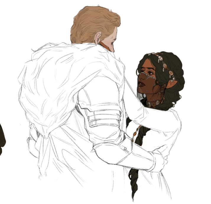 Sketch of cullen rutherford and asma lavellan from dragon age: inquisition. They are in a tender embrace with Cullen's arms at her waist and Asma reaching up to cradle his face with a tender expression. Asma is wearing golden jewelry and a translucent face veil that covers the bridge of her nose down. 