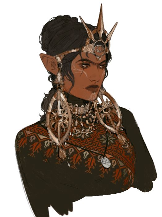 Sketch of inquisitor Asma Lavellan from Dragon Age: Inquisition. She is wearing a golden crown with spikes at the top, an eye at her forehead, and dangly embellishments at her shoulders. Asma has warm brown skin, white tattoos at her cheeks and chin, and an unibrow. Her dress has embroidered patterns in yellow, green, orange, and red - all these patterns are from traditional Palestinian tatreez styles. 