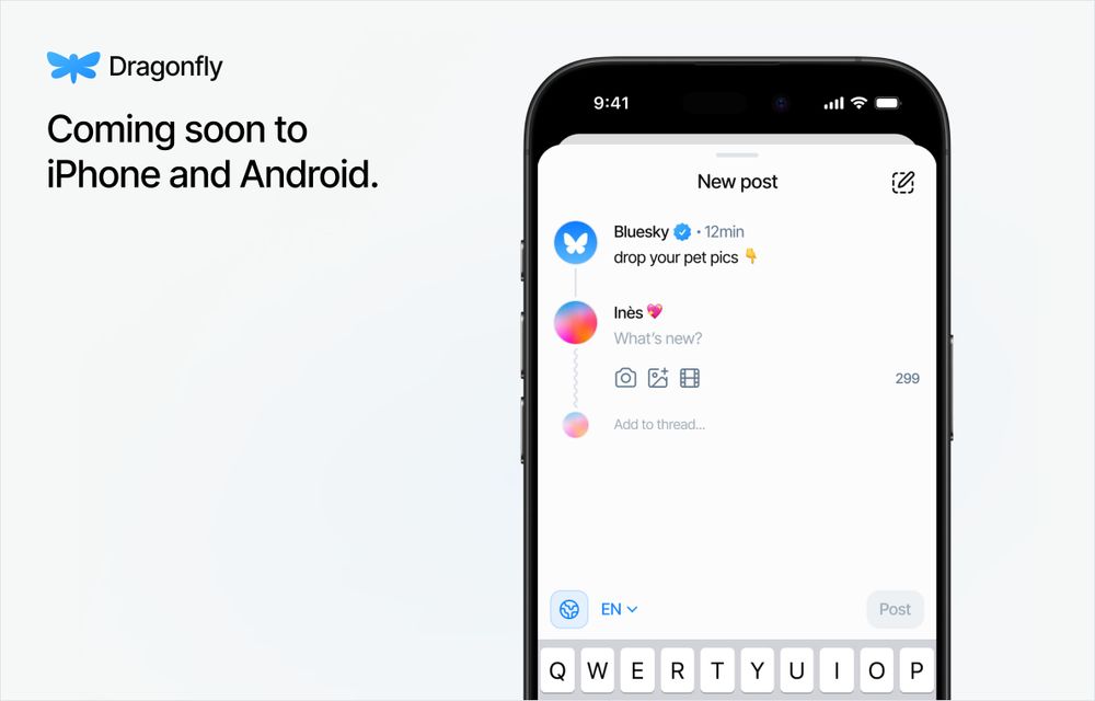 Promotional image of Dragonfly saying "Coming soon to iPhone and Android". It features a screenshot of the post creation window.