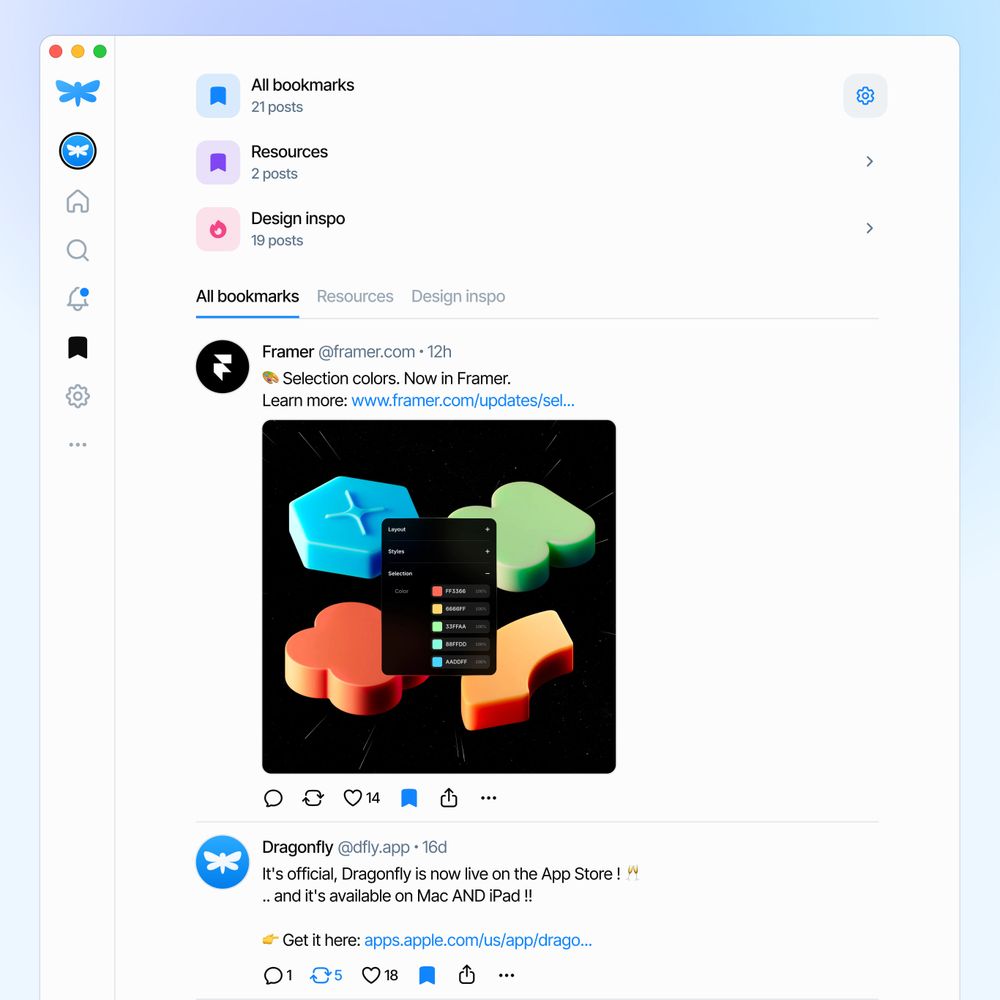 Screenshot of the Bookmarks screen in Dragonfly, a Bluesky app client for desktop and iPad. The user has saved posts from Bluesky into different collections, including one called 'Resources' and another called 'Design Inspo.'
