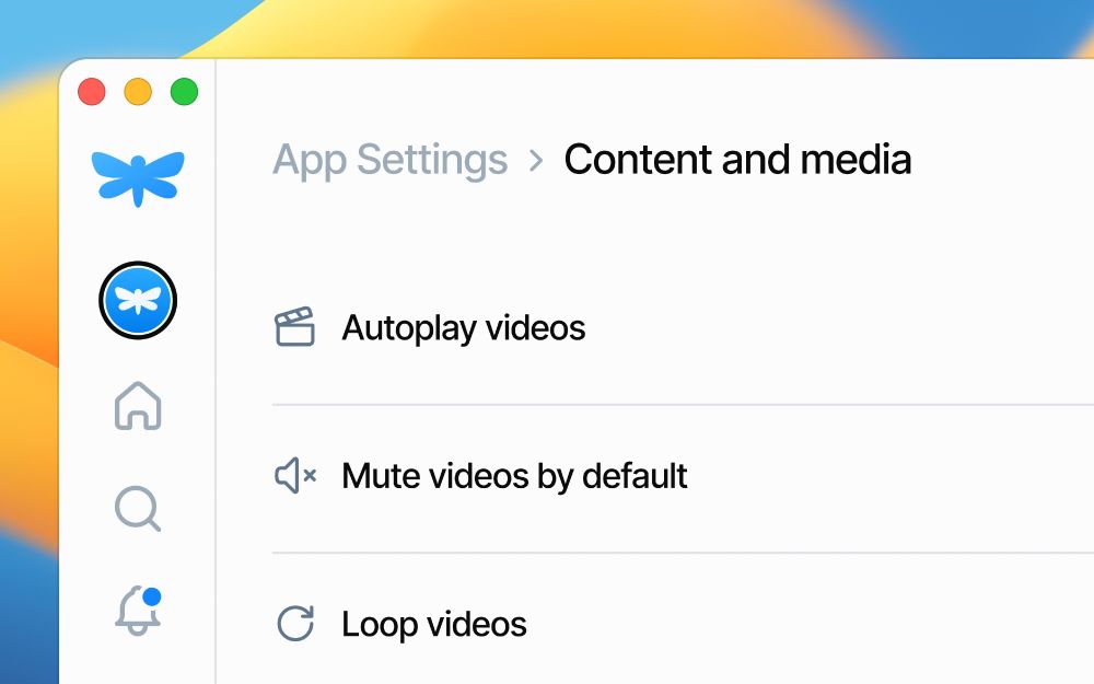 Screenshot showing how you can now control how videos behave in Dragonfly: toggle autoplay, loop, and default mute from Settings > Content and Media.

