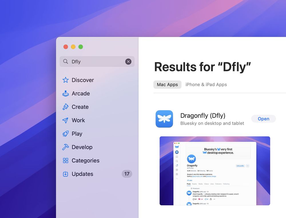 Screenshot of the App Store, showing that Dragonfly (Dfly) is now available on Mac and iPad