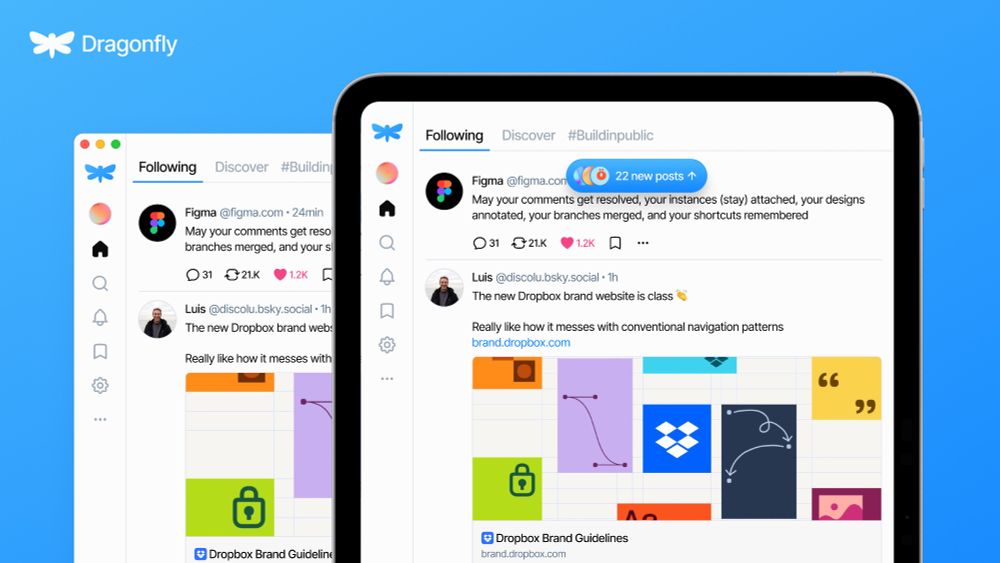 Interface of Dragonfly, on both Mac and iPad. Dragonfly is an iPad and desktop (soon mobile) client for Bluesky, offering exclusive features like bookmarks and drafts.