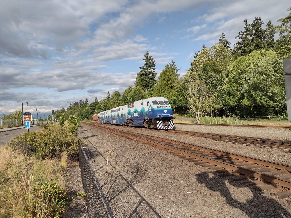 Northbound Sounder N line train pulling out of Mukliteo Station