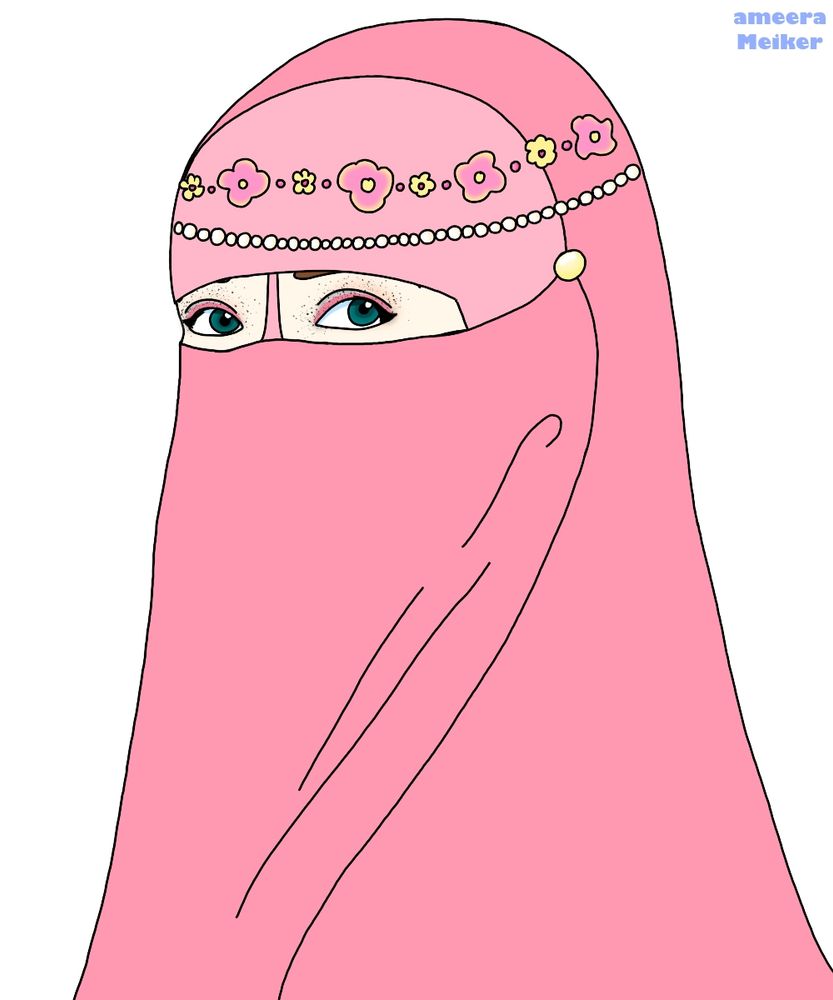 Picrew of a girl wearing a bright pink Face Veil and Cloak along with a flower crown