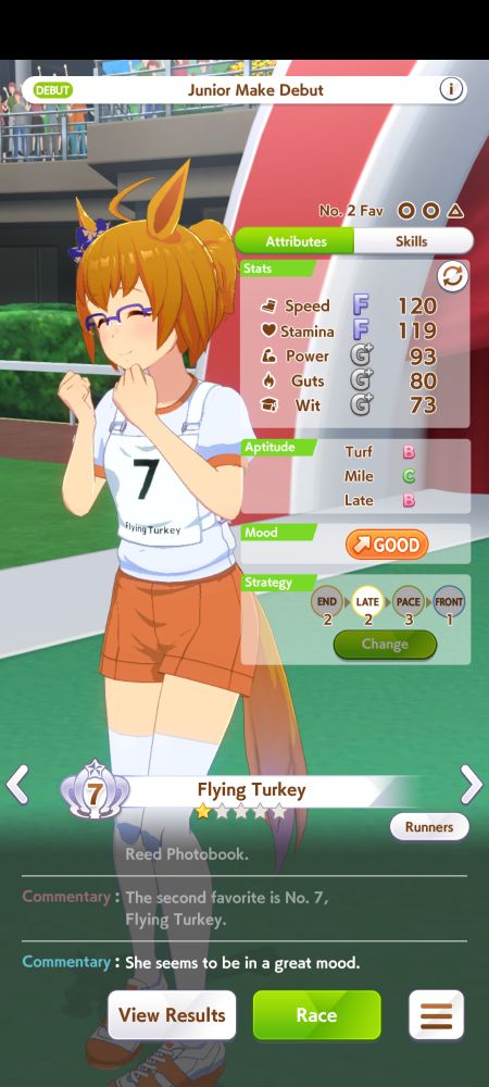 uma musume (horse girl) named Flying Turkey in a good mood ready to race