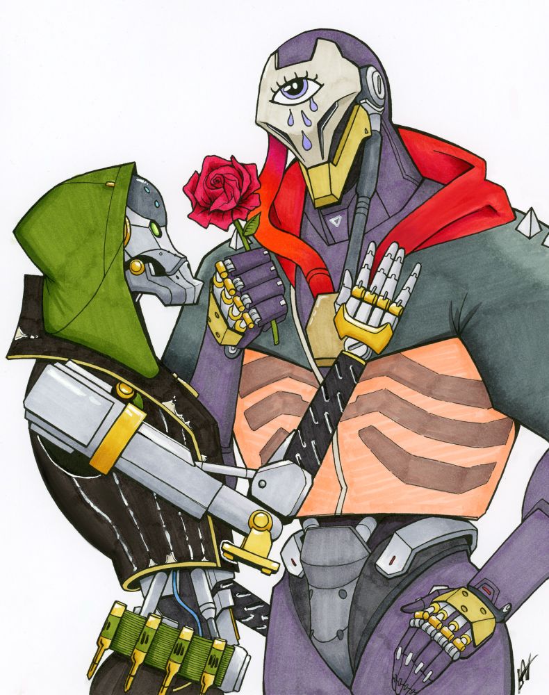 An illustration of Bars and Revel from Overwatch 2. Revel is giving Bars a flower.