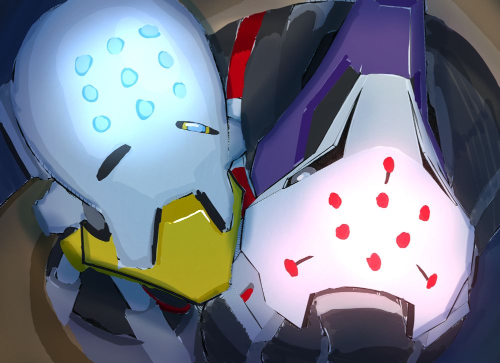 A digital image of Zenyatta and Ramattra from Overwatch 2 looking up at the sky from the darkness.