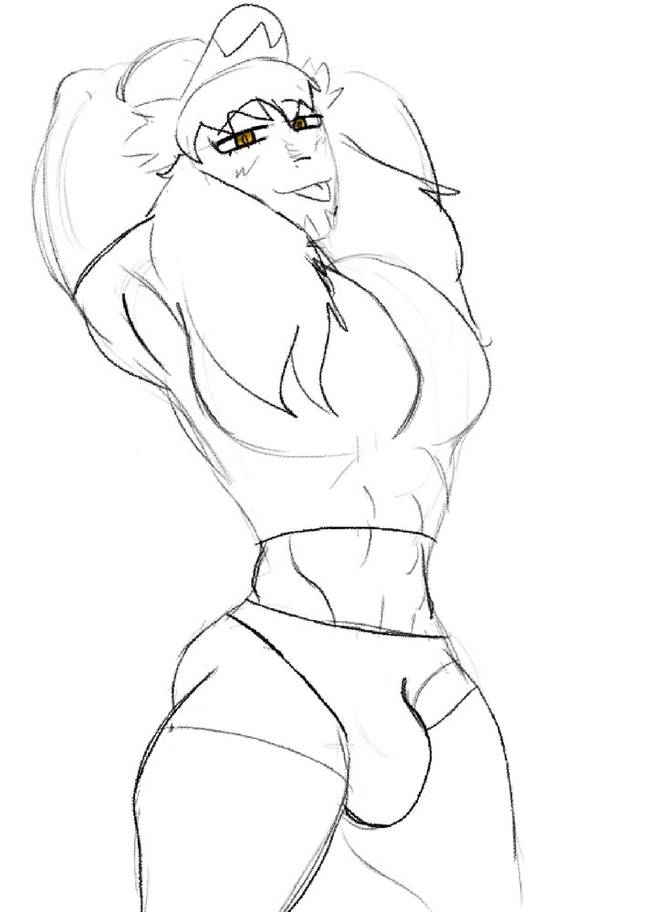 drawing of leon pokemon extremely buff with his arms up to show off his pecs and armpits. also huge bulge.