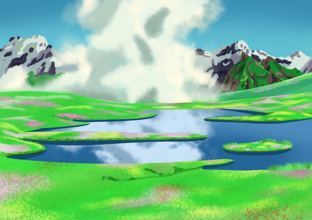 (Reference : Ghibli, sorry I'm not sure about which movie 3:) A small lake reflecting a huge cloud with some mountsins on the background