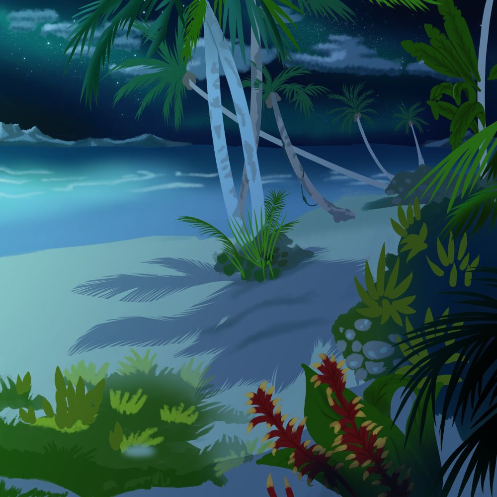 (Reference: Dragalia Lost) A moonlit beach with lots of plants and a starry night sky