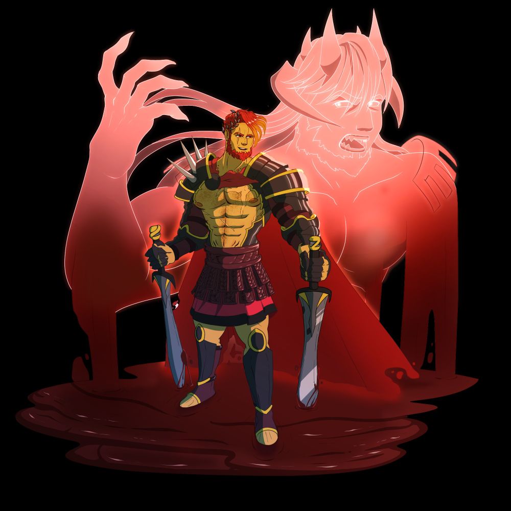 A rendition of Ares, god of war, he's standing in a pool of blood form which it becomes his cape. Ares looks confident he's bare chested but wearing armor on his arms and legs. Behind him is a specter of his divine form, it also rises from the blood and looks very angry!
#Oc #Art