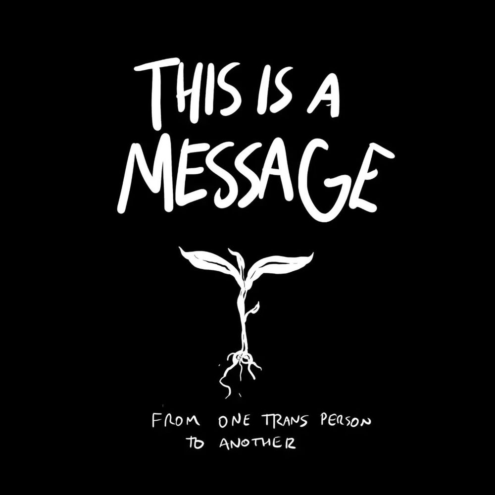 The cover of a zine. A small seedling sprouts in the darkness. "This is a message, from one trans person to another."
