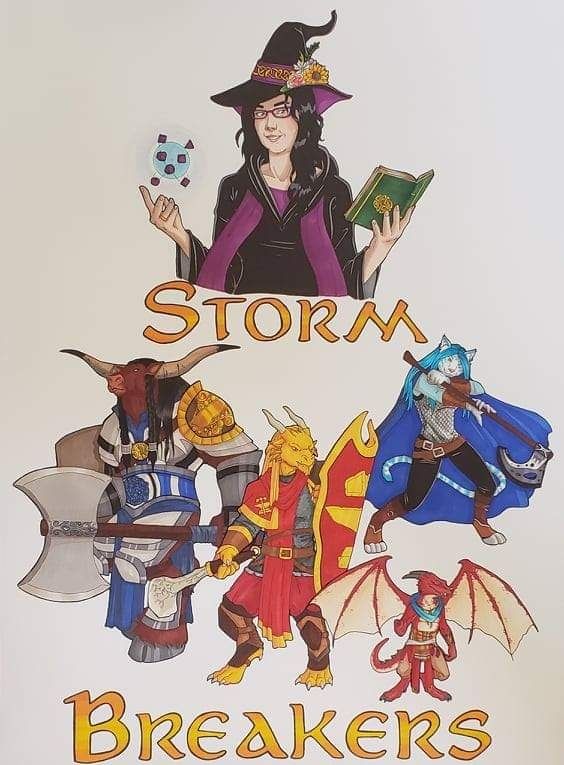 My oc is the gold dragonborn wearing the red robes in the center
Art by myonusdoodles on facebook 