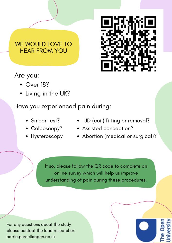 A flyer which says:  

We would love to hear from you.  

Are you Over 18? Living in the UK?  

Have you experienced pain during: smear test, colposcopy, hysteroscopy, IUD (coil) fitting, assisted conception or abortion?  

If so, please follow the QR code to complete an online survey which will help us to improve understanding of pain during these procedures.  

For any questions about the study please contact the lead researcher carrie.purcell@open.ac.uk.   
The Open University logo.  