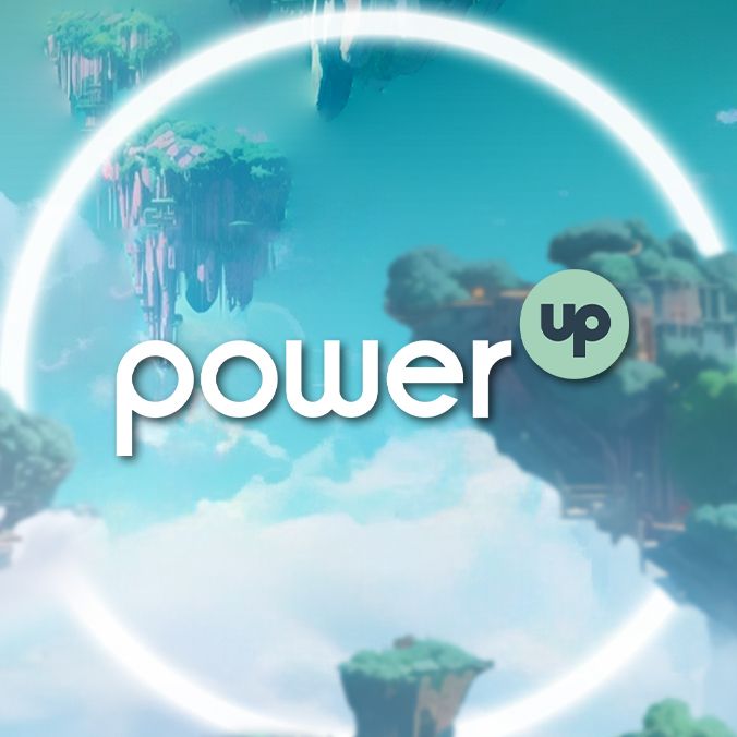 Das Logo des Fundraising-Kollektivs "powerup" vor einem szenischen Hintergrund mit dicht bepflanzten, schwebenden Plattformen und einem leuchtenden weißen Ring.