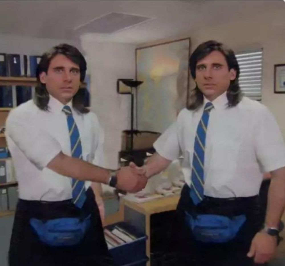 Young Michael Scott from the Office meme, except he's congratulating himself