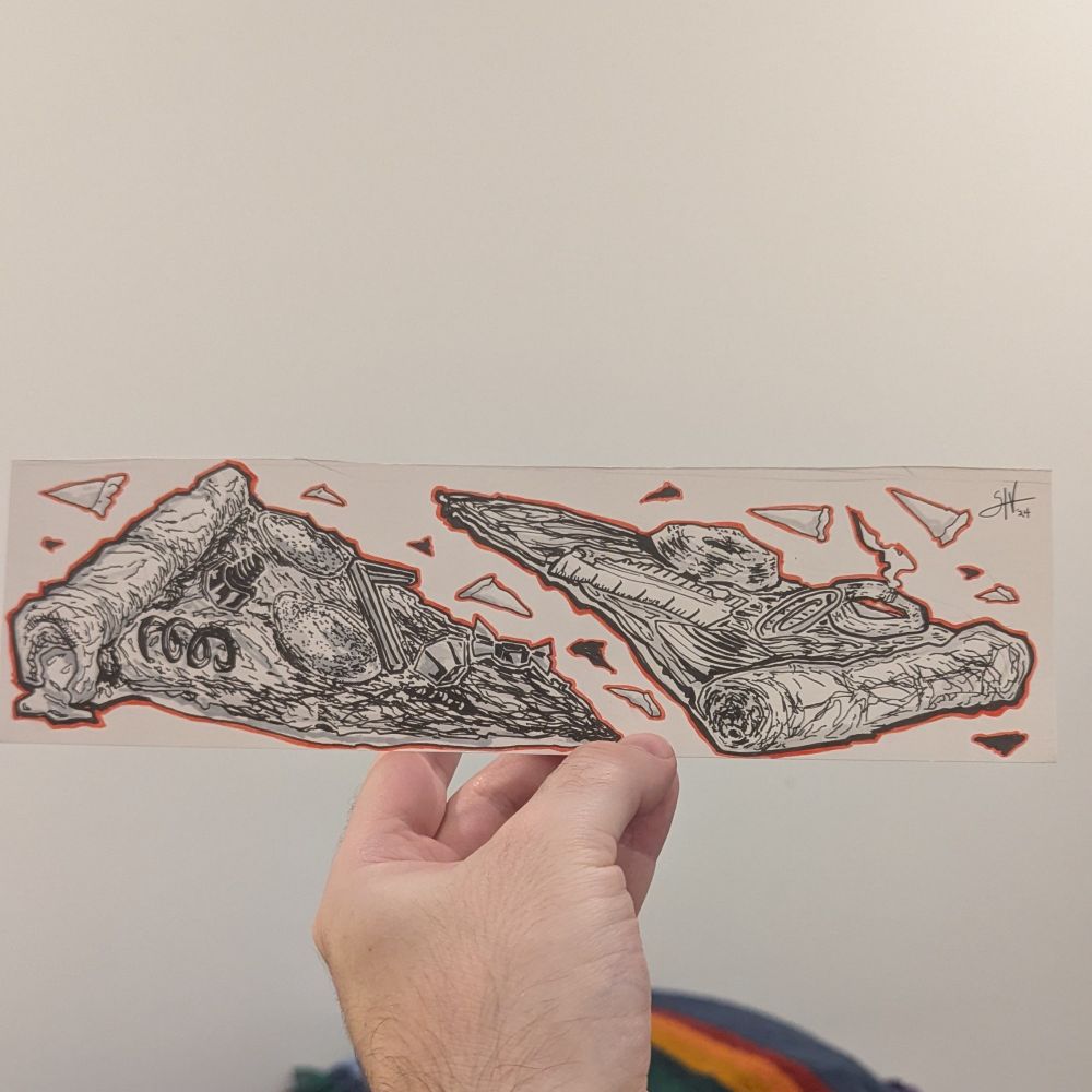 A hand holding a bookmark with a black and white illustration of two slices of pizza on it, with smaller slices in the background and each slice has a red border