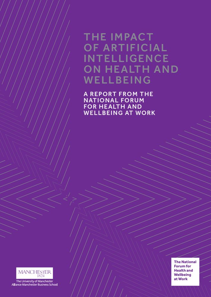 Graphic with text on a purple background. Text says: the impact of artificial intelligence on health and wellbeing. A report from the national form for health and wellbeing at work.