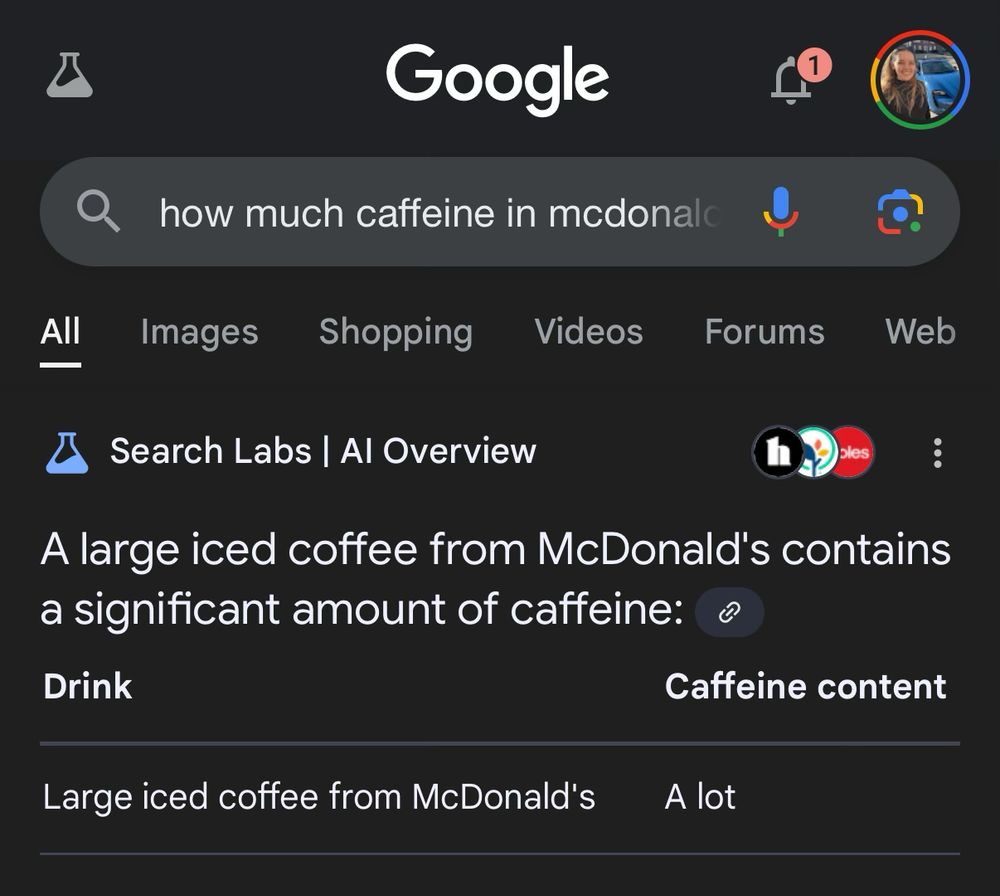 Screenshot of Google search of “how much caffeine in a large iced coffee” with the answer showing by Search Labs as “A lot”