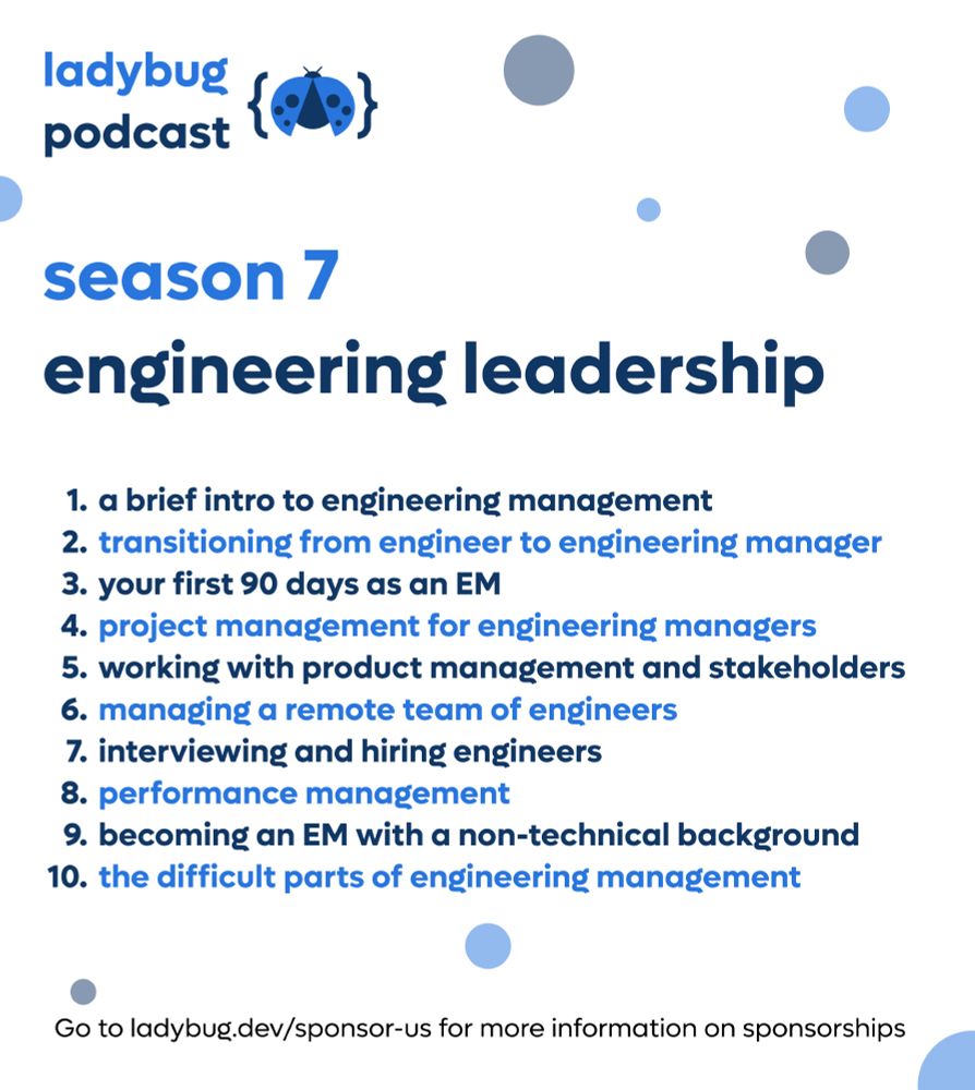 Promotional graphic for the Ladybug Podcast, Season 7, titled "engineering leadership." The season includes ten episodes covering topics like transitioning into engineering management, managing remote teams, project management, hiring engineers, and handling the difficult parts of leadership. The bottom of the image mentions ladybug.dev/sponsor-us for sponsorship info.