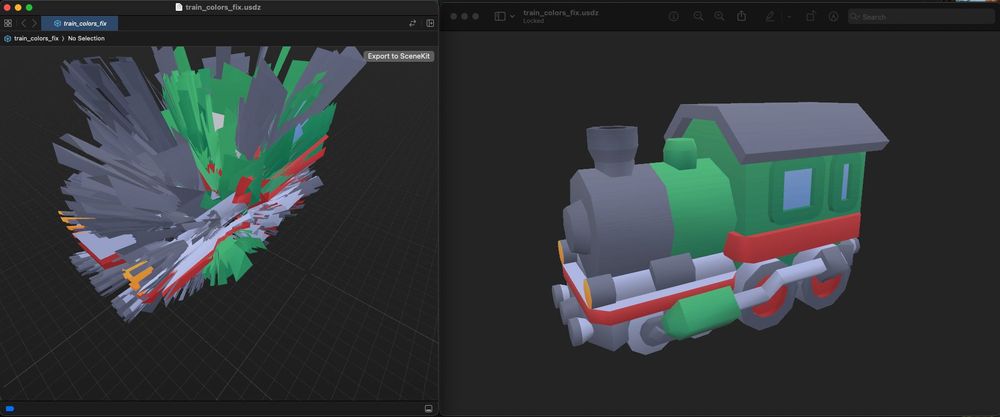 On the left is a screenshot of a 3D model loaded by Xcode. On the right is the same 3D model loaded by Preview. Preview loads the model correctly, showing a cute cartoonish train. On the left is a monstrosity of form, a spaghetti-fied 3D model bearing only a slight resemblance to the train being rendered.