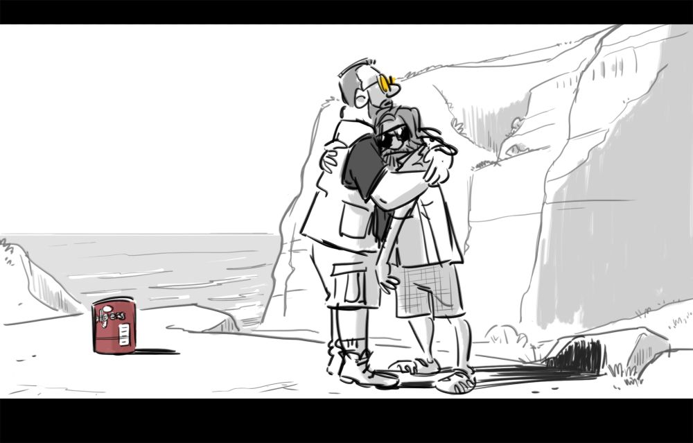A drawing of two men hugging on a cliff by the ocean, a big coffee canister stands a few steps away from them. 