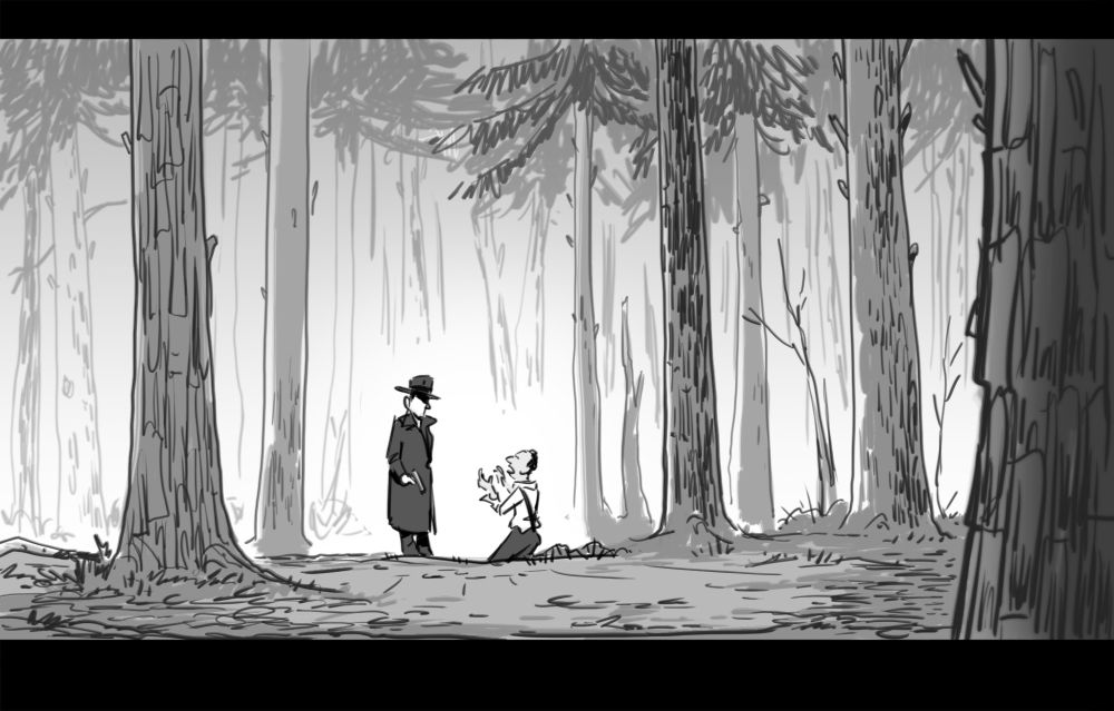 A drawing of two men in a forrest. One man is on his knees pleading for his life as the other, wearing a dark coat and hat, stands over him holding a gun. 