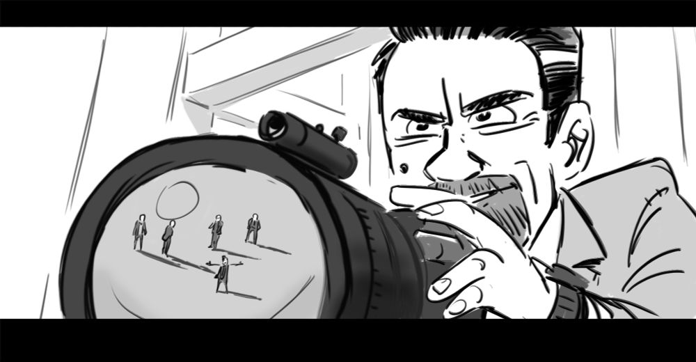 A drawing of a man with a goatee looking at five men through a telephoto lens. 