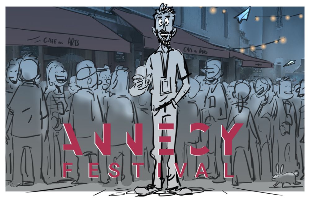 A drawing of me standing outside the crowded cafe des arts in Annecy,  with the Annecy Festival logo