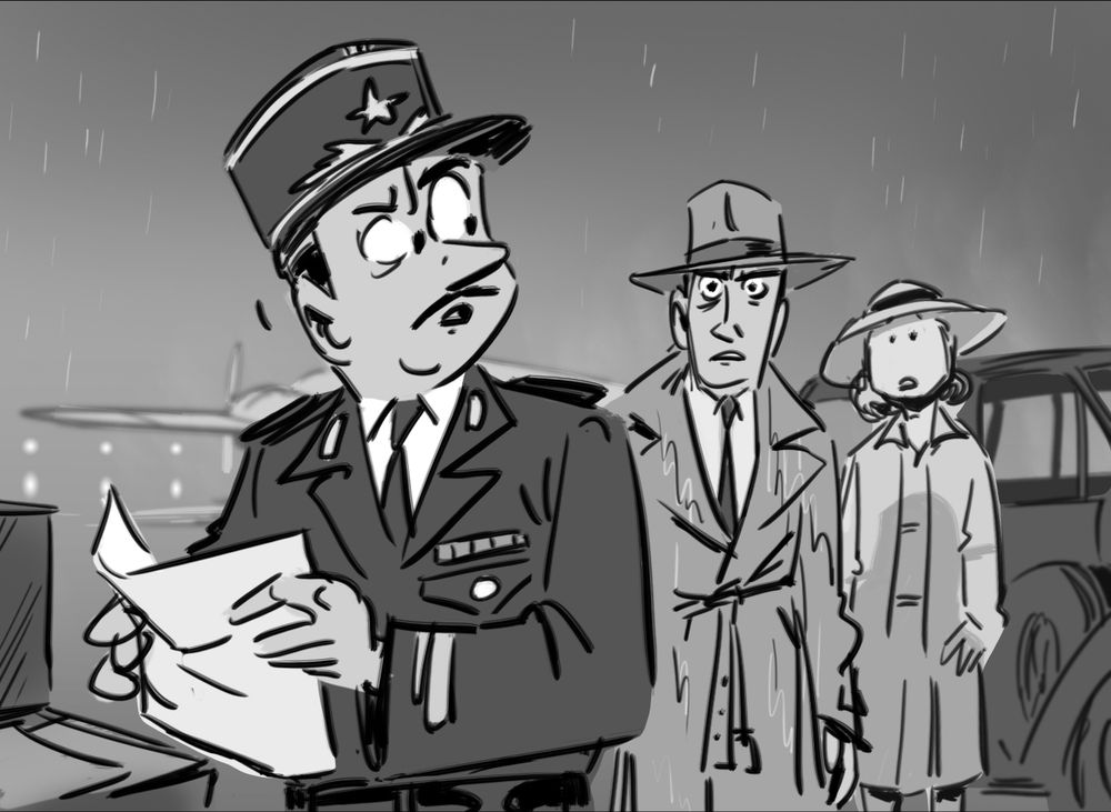 A drawing showing two men and a woman in 1940's clothing, they are at an airport in the rain. The man closest to the camera is a French police captain, the other man is a broken hearted American nightclub owner and the woman is a Norwegian beauty in love with the American but married to a Hungarian resistance fighter.  