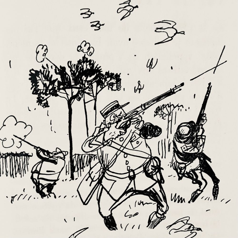 Illustration by Beuville showing three hunters shooting 