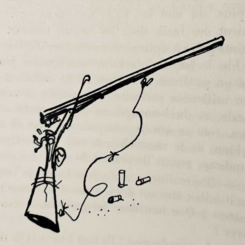 Illustration by Beuville of an old hunting rifle 