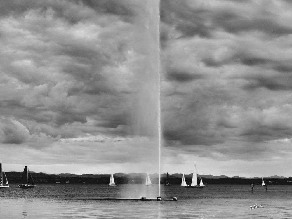 One sees a sailing regatta on Lake Constance. In the foreground, there is a fountain, and the sky is heavily overcast. Black-and-white photo.