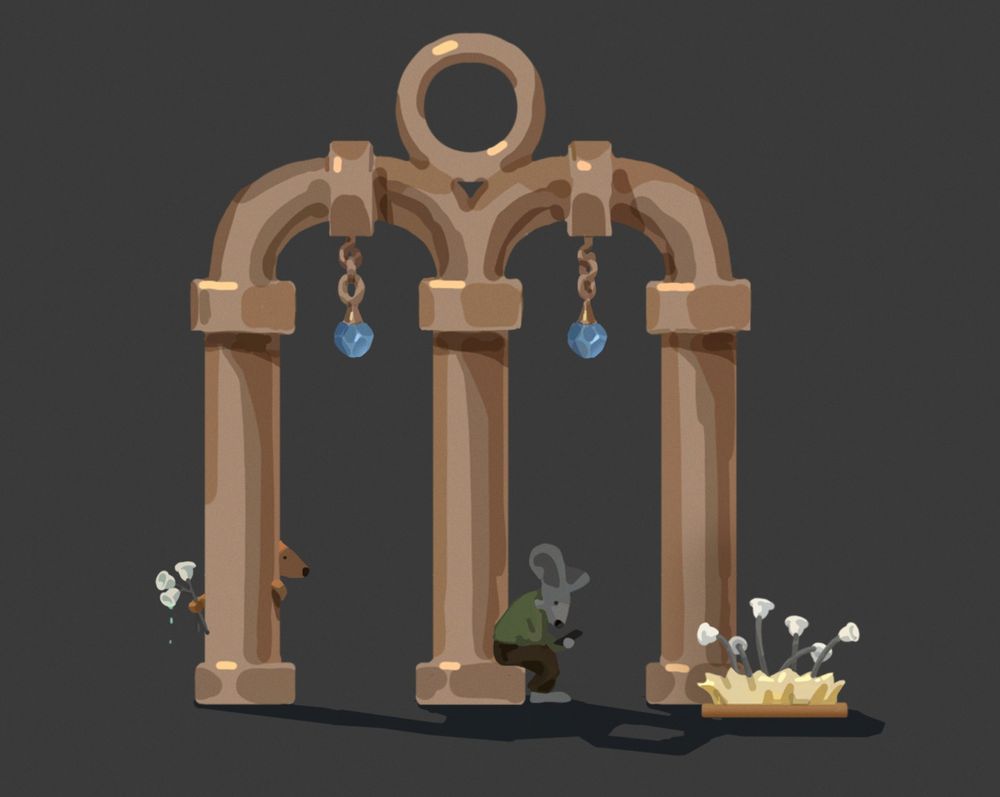 digital painting of a mouse surprising another mouse with flowers. the architecture is made of sewer pipes.