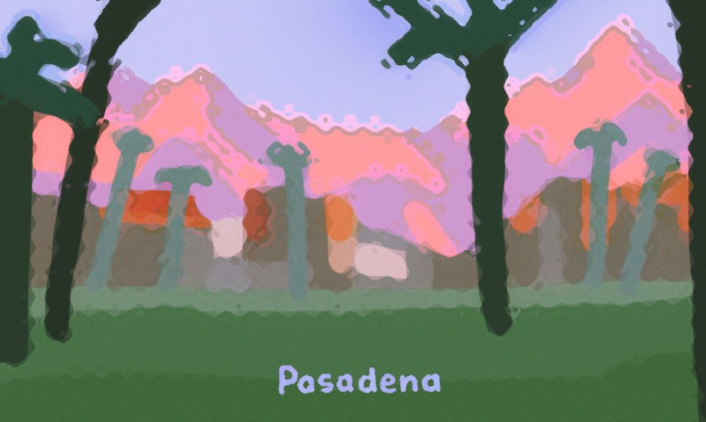 digital painting of mountains at sunset with palm trees in foreground