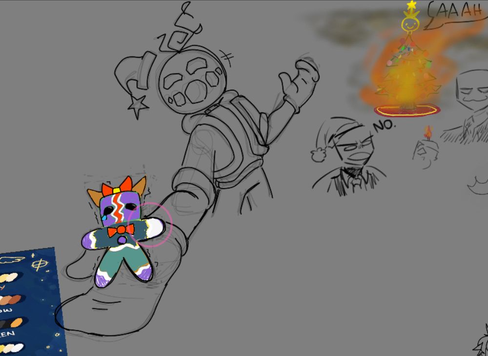 The Christmas version of my persona holding a gingerbread cookie in the likeness of my friend’s persona with a doodle my friends made off to the side of their characters burning a Christmas tree.