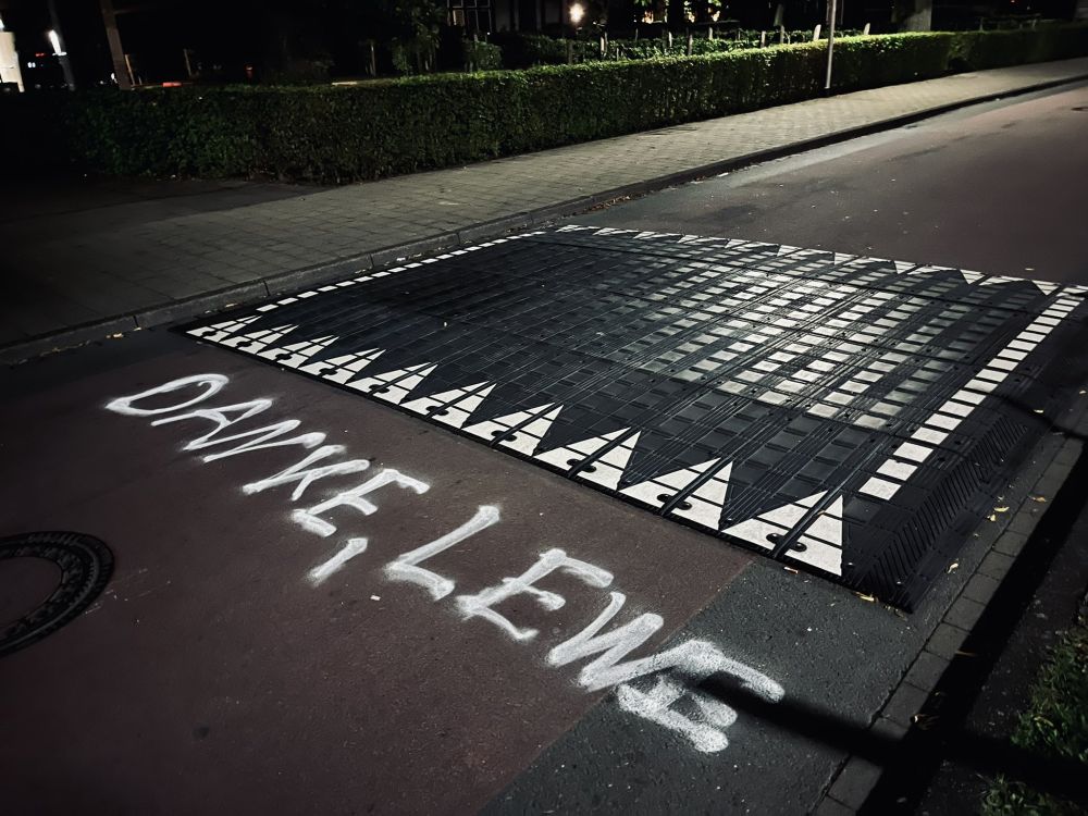 Schwelle auf der Annette-Allee. Davor ein Schriftzug auf dem Asphalt "Danke, Lewe"