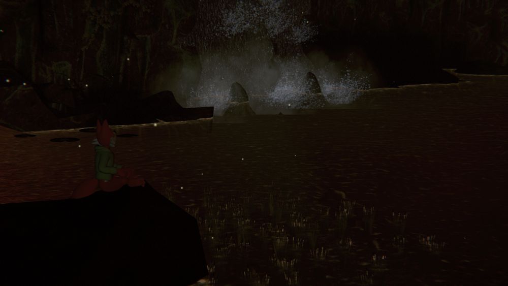 VRChat screenshot of a fox looking at a lake's waterfall at night. He's wearing a hoodie.