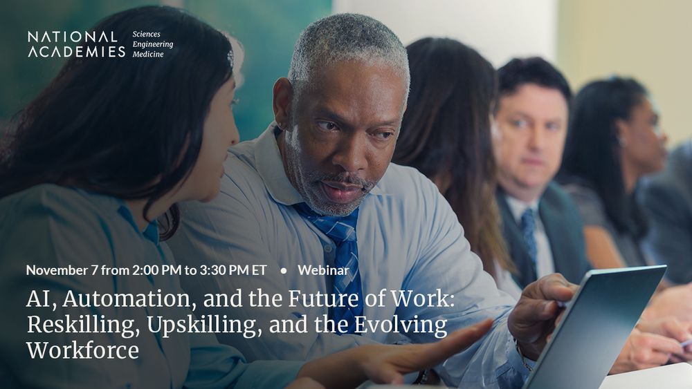 November 7 from 2:00 PM to 3:30 PM. Webinar. AI, Automation, and the Future of Work: Reskilling, Upskilling, and the Evolving Workforce. The background image shows two colleagues in a conference room, working on a laptop.