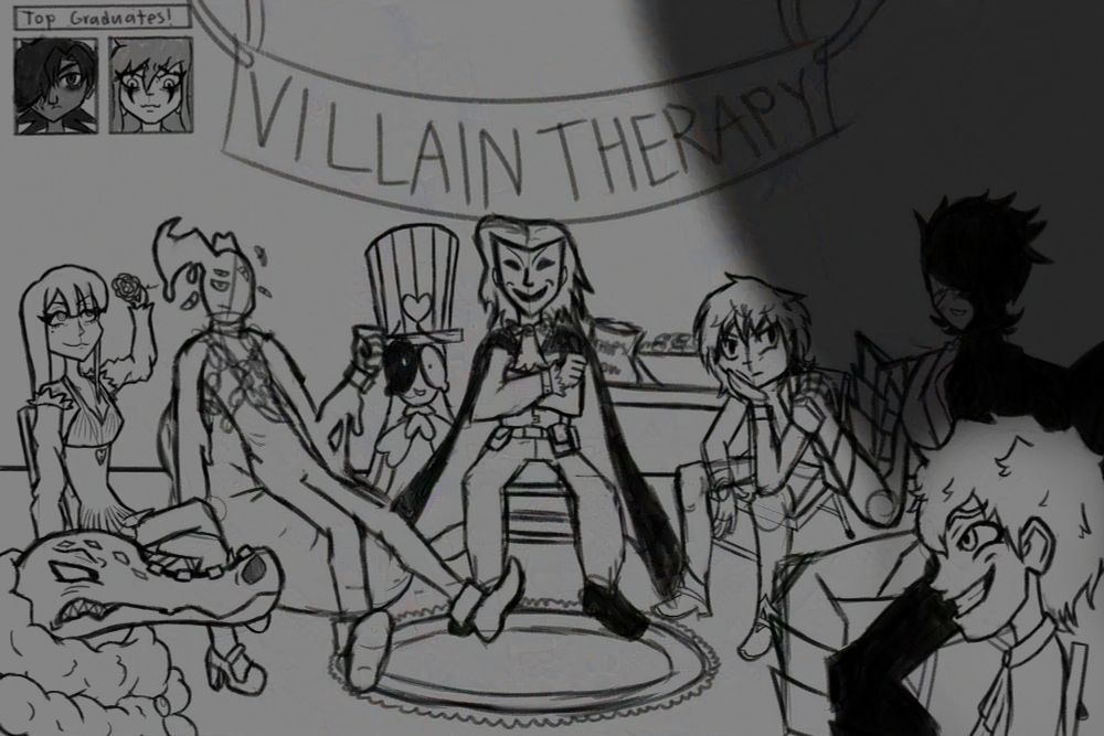 A sketch of a whole bunch of other people's villain OCs in therapy!
Going from left to right: Gial by SniccSnacc, Nina by Ishikamisama, John by 5CrowsInATrenchCoat, an OC by AndresBamb, Thyatro by FusioorSpeclock, Fragment by EstherGamer, Dread by me, and Erik by PapaCat. They are all sitting in a circle not looking pleased to be here. In the back there's snacks and a sign that says "Villain Therapy". There's pictures of my two OCs Alejandro and Perceval under a sign that says "Top Graduates!"