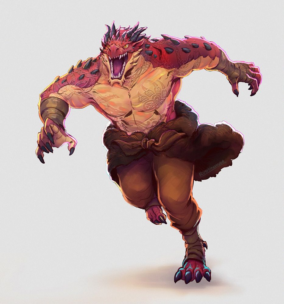 A red Ravenite Dragonborn rushing ahead into battle. He who tried to master inner peace and suplexed it instead. Covered in five embossed Norse tattoos: Thor’s Hammer on his right hand, Fenrir on his stomach, Jörmungandr on his shoulder, a Bear Paw on his chest, and a Norse Circle on his neck. He swears each one represents balance, though most folks say they just make him look like a walking thunderstorm. Wearing a brown bear pelt around his waist with leather Viking pants and boots, he calls himself a monk but fights like an avalanche with opinions. He once tried meditation and blew up a tree. He calls every fight an emotional exercise. When anger rises, he takes a deep breath, whispers “be the calm,” and then powerbombs fate through a table. He’s the dragon who broke destiny’s nose, the monk who prays before punching, and living proof that inner peace can, in fact, have biceps.