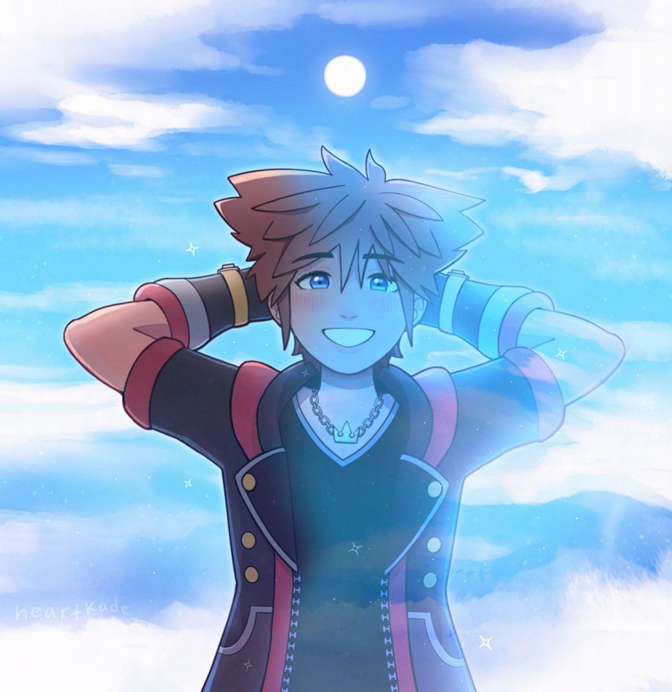 Sora from Kingdom Hearts in the final world, a blue sky with clouds. half of his body is turning translucent and fading into the background. but he is still casually crossing his arms behind his head and smiling brightly