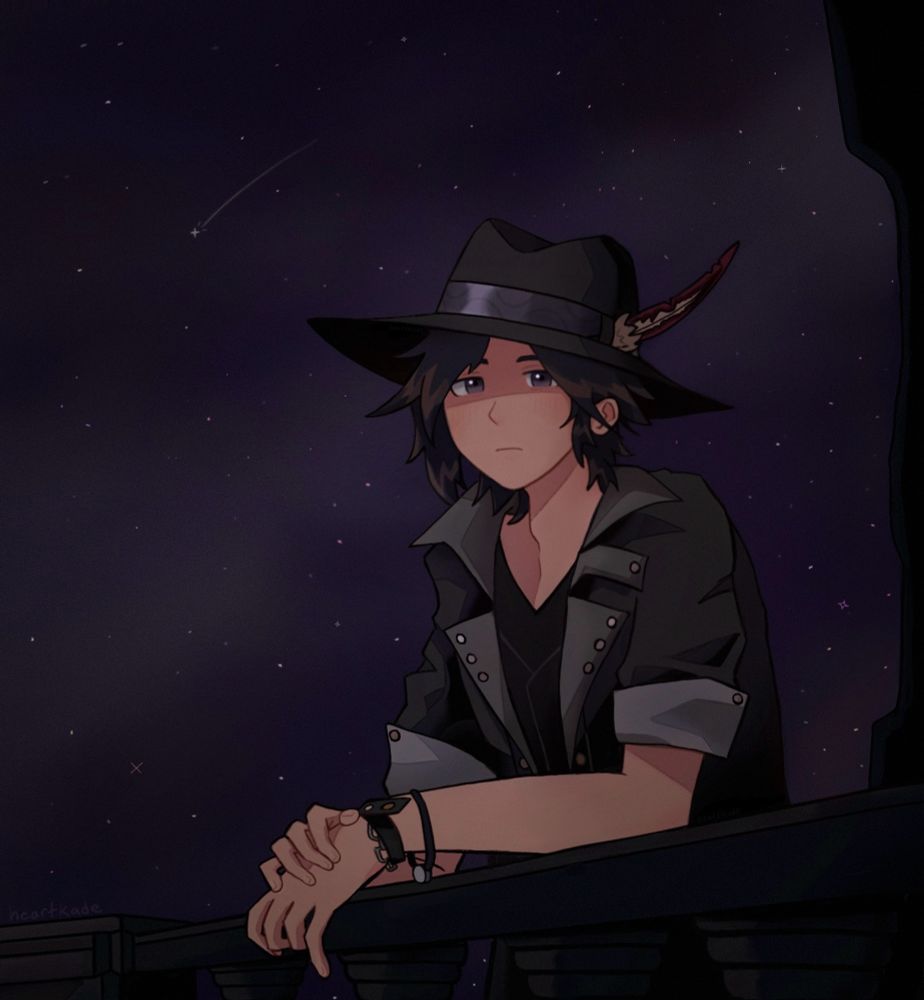 Brain from Kingdom Hearts: Missing Link staring off a balcony with the night sky in the background. his hands are crossed over the railing in a neutral position, his expression is quiet and a bit sad. it looks like there is a lot on his mind